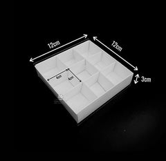 10 Pack of White Card Chocolate Sweet Soap Product Retail Gift Box - 9 bay 4x4x3cm Compartments - Clear Slide On Lid - 12x12x3cm