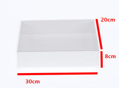 10 Pack of White Card Box - Clear Slide On Lid - 30 x 20 x 8cm - Large Beauty Product Gift Giving Hamper Tray Merch Fashion Cake Sweets Xmas