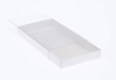 50 Pack of White Card Box - Clear Slide On Lid - 30 x 20 x 8cm - Large Beauty Product Gift Giving Hamper Tray Merch Fashion Cake Sweets Xmas