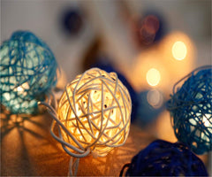 1 Set of Blue n White 5cm Rattan Cane 20 Ball Battery Powered 3m String Lights Christmas Gift Home Wedding Party Bedroom Decoration Table Centrepiece