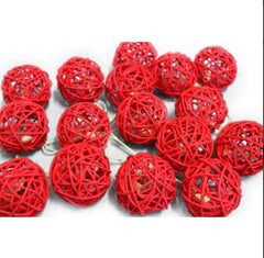 1 Set of Red 5cm Rattan Cane 20 Ball Battery Powered 3m String Lights Christmas Gift Home Wedding Party Bedroom Decoration Table Centrepiece