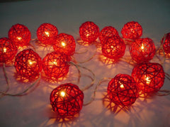 1 Set of Red 5cm Rattan Cane 20 Ball Battery Powered 3m String Lights Christmas Gift Home Wedding Party Bedroom Decoration Table Centrepiece