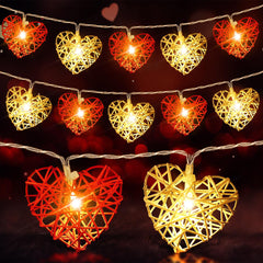 20 Red and White 3D Hollowed Rattan Heart-Shaped 3M String Fairy Lights, Battery (AA) Indoor & Outdoor Decorations Wedding Valentines Romantic Room Table Lighting