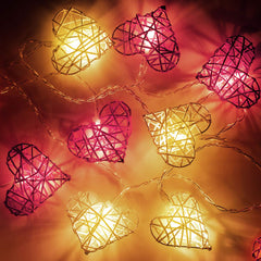50 Red and White 3D Hollowed Rattan Heart-Shaped 5M LONG String Fairy Lights, Battery (AA) Indoor & Outdoor Decorations Wedding Valentines Romantic Room Table Lighting