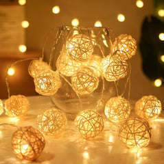 1 Set of Yellow 5cm Rattan Cane 20 Ball Battery Power 3m String Lights Christmas Gift Home Wedding Party Bedroom Decoration Table Centrepiece