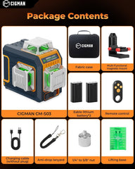 CIGMAN Green Laser Level, 3x360° Side LCD 12-Line Self-Leveling, Bluetooth App Remote, Pulse Mode for Receiver, ±1/8 in. at 33 ft Accuracy, 2x Li-ion (USB-C), 1/4-20 Mount, IP54, ABS Hard Case - S03