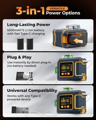 CIGMAN Green Laser Level, 3x360° Side LCD 12-Line Self-Leveling, Bluetooth App Remote, Pulse Mode for Receiver, ±1/8 in. at 33 ft Accuracy, 2x Li-ion (USB-C), 1/4-20 Mount, IP54, ABS Hard Case - S03