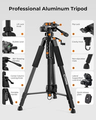CIGMAN 59-inch Lightweight Adjustable Laser Level Tripod with 3-Way Swivel Pan Head, Bubble Level, Phone Holder, Quick Release Plate with 1/4" Screw Mount & 5/8" UNF Adapter Nut, Camera & Phone Tripod