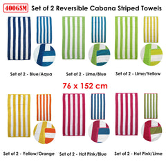 Set of 2 Reversible Cabana Striped Towels Lime/Yellow