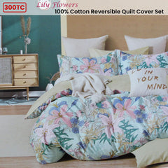 300TC Lily Flowers Multi Reversible Cotton Floral Quilt Cover Set Queen