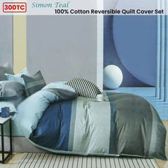 300TC Simon Teal Reversible Cotton Stripes Quilt Cover Set Queen