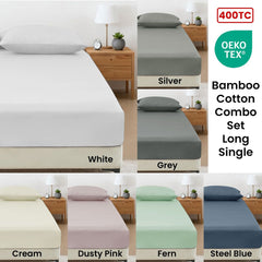 400TC Bamboo Cotton Fitted Sheet with Pillowcase Set Long Single Size 40cm Wall White