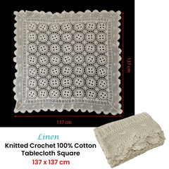Linen Knitted Crochet Cotton Tablecloth Square 137 x 137cm Scalloped Edge 4-Seater