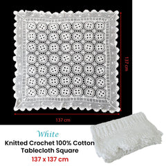 White Knitted Crochet Cotton Tablecloth Square 137 x 137 cm Scalloped Edging 4-Seater