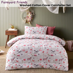 Happy Kids Farmyard Friends 2 Piece Washed Cotton Cover Comforter Set Single 160cm x 220cm