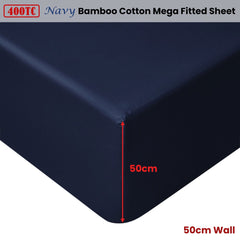 Accessorize Navy Bamboo Cotton Mega Fitted Sheet 50cm Wall Super King