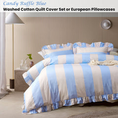 Vintage Design Homewares Candy Ruffle Blue Striped Washed Cotton Quilt Cover Set King