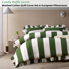 Vintage Design Homewares Candy Ruffle Green Striped Washed Cotton Quilt Cover Set King