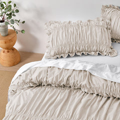 Vintage Design Homewares Haven Natural Washed Cotton Ruched Quilt Cover Set Double
