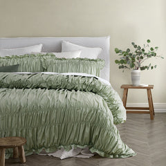 Vintage Design Homewares Haven Sage Washed Cotton Ruched Quilt Cover Set Queen
