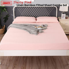 Ramesses 1000TC Linen Bamboo Fitted Sheet Combo Set Dusty Pink King