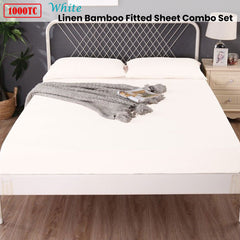 Ramesses 1000TC Linen Bamboo Fitted Sheet Combo Set White Queen