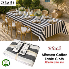Rans Black Alfresco Stripes Cotton Tablecloth - Choose from 2 sizes 150cm x 250cm