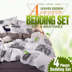 Palm Leaves Pattern Aloe Cotton Flat Sheet Quilt Cover Pillowcases 4pcs Bedding Set (King)