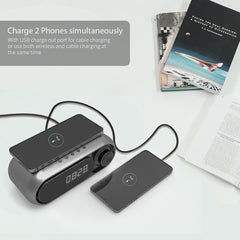Bluetooth Speaker with 15W Wireless Charger Digital Alarm Clocks FM Radio Music Player (Grey)