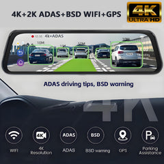10” 4K Mirror Dash Cam, 2K Rear Camera, WiFi GPS ADAS BSD, Stream Media, 64GB Included