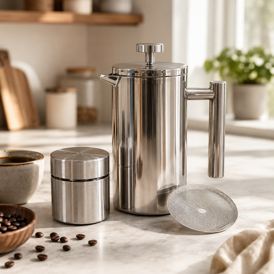 Silver French Press Coffee Maker 1000ml with Coffee Bean Can + Extra Filter Gift Set