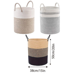 Woven Cotton Rope Storage Basket Foldable Laundry Bin Bamboo Clothes Organizer - White Brown
