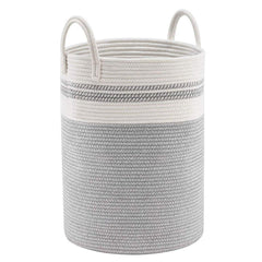Woven Cotton Rope Storage Basket Foldable Laundry Bin Bamboo Clothes Organizer - White Brown
