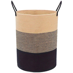 Woven Cotton Rope Storage Basket Foldable Laundry Bin Bamboo Clothes Organizer - White Brown
