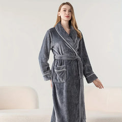 Flannel Bathrobe Set Autumn Winter Coral Fleece Nightgown for Men and Women Warm - Grey