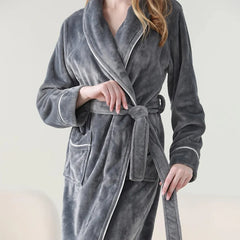 Flannel Bathrobe Set Autumn Winter Coral Fleece Nightgown for Men and Women Warm - Grey