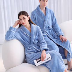 Flannel Bathrobe Set Autumn Winter Coral Fleece Nightgown for Men and Women Warm - Grey