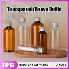 20pcs Brown Transparent Cosmetic Bottles with Aluminum Lids for Packaging - Brown-200ml