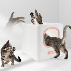 Pink Fully Enclosed Cat Litter Box Large Plastic Toilet for Cats with Lid Tray
