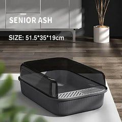 Litter Tray Box with Splash Guard and Wide Opening for Cats Open Top Design - Grey