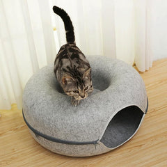 Felt Cat Tunnel Bed Donut Cave Nest for Kittens and Small Pets 50x30cm - Light Grey