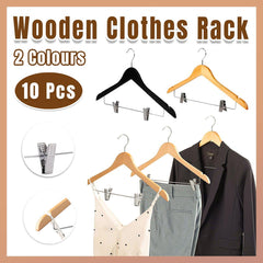 10 Pcs Wooden Non-Slip Wide Shoulder Clothes Hanger with Clip for Hotel Wardrobe - Wood