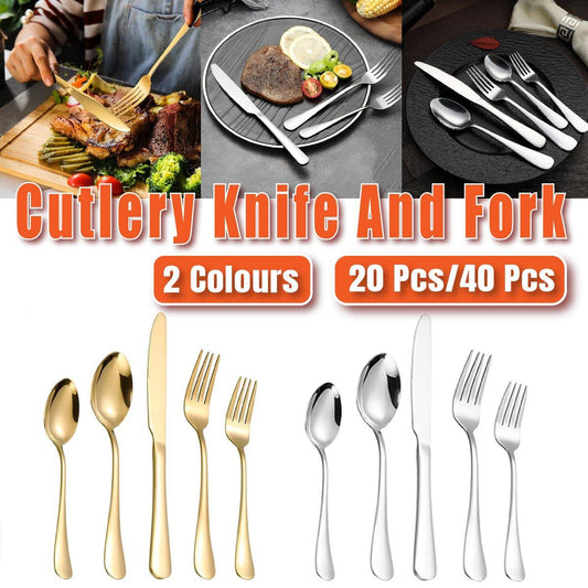 20/40pcs Stainless Steel Cutlery Set Knife Fork Spoon Western Hotel Tableware - Golden-20pcs