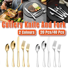 20/40pcs Stainless Steel Cutlery Set Knife Fork Spoon Western Hotel Tableware - Golden-40pcs