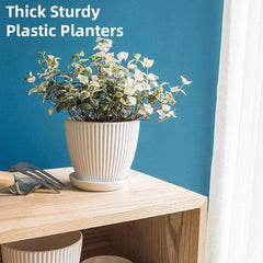 6PCS Simple Plastic Round Plant Pots Vertical Stripes Flower Pot Green Gardening - White