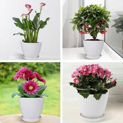 6PCS Simple Plastic Round Plant Pots Vertical Stripes Flower Pot Green Gardening - White