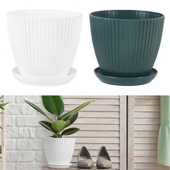 6PCS Simple Plastic Round Plant Pots Vertical Stripes Flower Pot Green Gardening - White