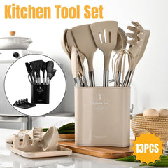 13PCS Silicone Kitchen Utensil Set Stainless Steel Handle Non-Stick Cooking Tool - Black