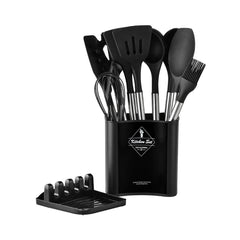 13PCS Silicone Kitchen Utensil Set Stainless Steel Handle Non-Stick Cooking Tool - Black