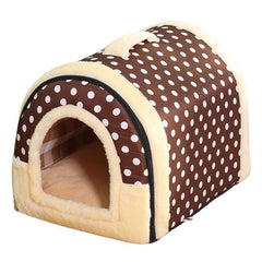 XL Size Pet House Kennel Soft Igloo Beds Cave Cat Puppy Bed Warm Cushion Fold - Brown Dots